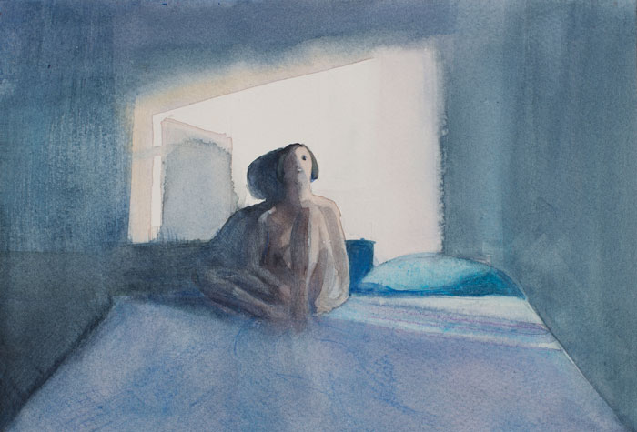 Donna sul letto 1. Acquarello su carta. 21,5 x 15 cm - 2014. Proprietà (...)