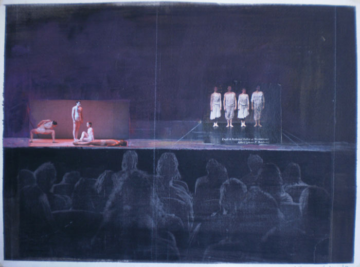 Collage danzatori. Acrilico su collage, cm. 38 x 28. 2004. (a)