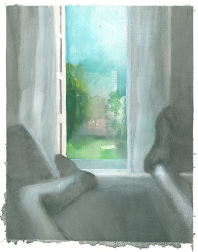 Gambe e finestra. Acquarello su carta. 20,2 x 25,5 cm - 2015. Proprietà (...)