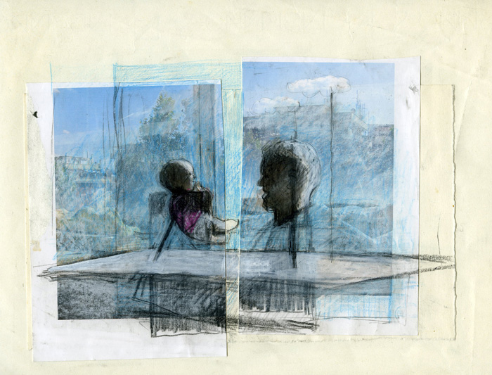 Padre e bambino 4. Tecnica mista su collage, cm. 28 x 25. 2010. Proprietà (...)