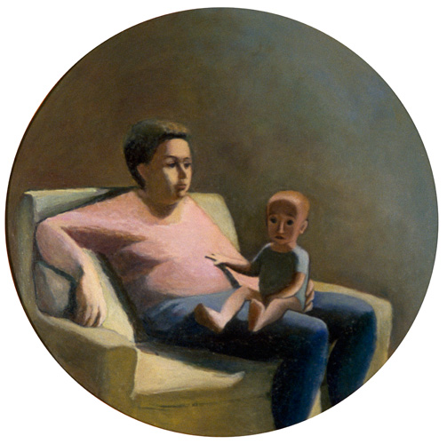 Michela e suo figlio. Olio su tavola. ø 55 cm. 1994. Collezione (...)