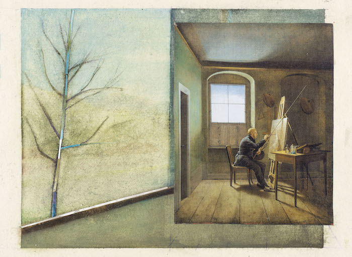 L'albero e lo studio. Acquarello e collage su carta, cm. 38 x 53. 2017. (...)